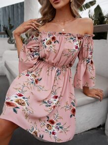SHEIN Vestido floral de hombros descubiertos de manga con volante - Rosa vieja - Ver 3