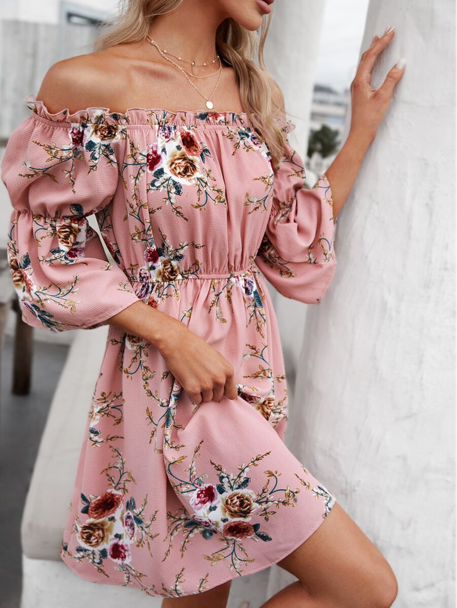 SHEIN Vestido floral de hombros descubiertos de manga con volante - Rosa vieja - Ver 1