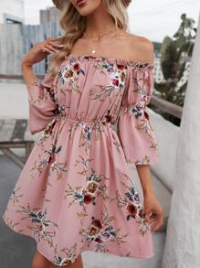 SHEIN Vestido floral de hombros descubiertos de manga con volante - Rosa vieja - Ver 2