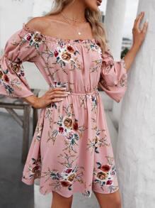 SHEIN Vestido floral de hombros descubiertos de manga con volante - Rosa vieja - Ver 6