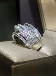 1入組魅力四射方晶鋯石戒指適合女士適合情人節禮品婚禮派對首飾類 - 銀色 - 查看 5