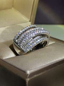 1入組魅力四射方晶鋯石戒指適合女士適合情人節禮品婚禮派對首飾類 - 銀色 - 查看 6