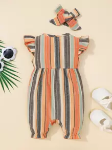 Baby Girl Striped Ruffle Trim Button Bow Front Romper With Headband - Multicolor - View 2