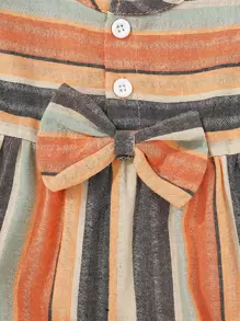 Baby Girl Striped Ruffle Trim Button Bow Front Romper With Headband - Multicolor - View 3