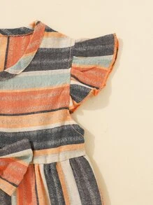 Baby Girl Striped Ruffle Trim Button Bow Front Romper With Headband - Multicolor - View 4