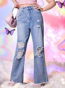 Teen Girls Ripped Raw Cut Flare Leg Jeans - Light Wash - View 1