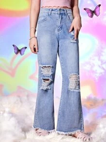 Teen Girls Ripped Raw Cut Flare Leg Jeans - Light Wash - View 4