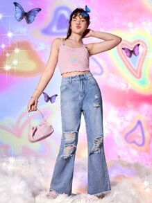 Teen Girls Ripped Raw Cut Flare Leg Jeans - Light Wash - View 5