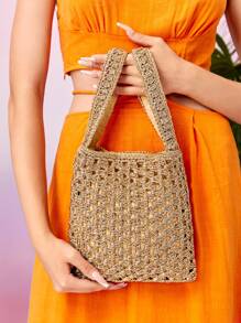 Hollow Out Straw Bag - Gold - View 4