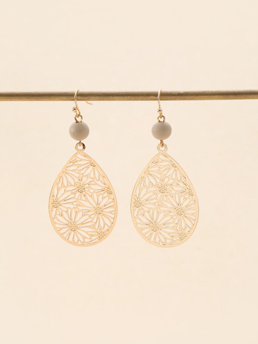 Hollow Out Water-drop Earrings - Yellow Gold - View 1