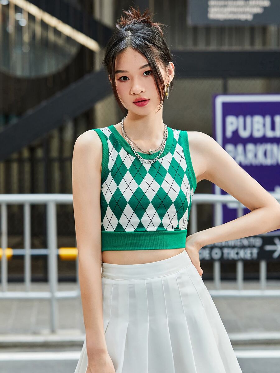 SHEIN Qutie Argyle Pattern Tank Top - Multicolor - View 1