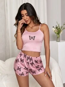 Butterfly Print Cami PJ Set / Pajama Set - Pink - View 5
