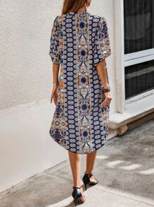 滿版印花高低下擺木耳邊四分之一無紐扣開襟襯衫 - 彩色 - 查看 2