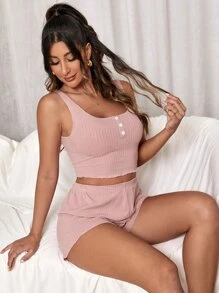 Button Detail Tank Top & Lettuce Trim Shorts Lounge Set - Pink - View 3