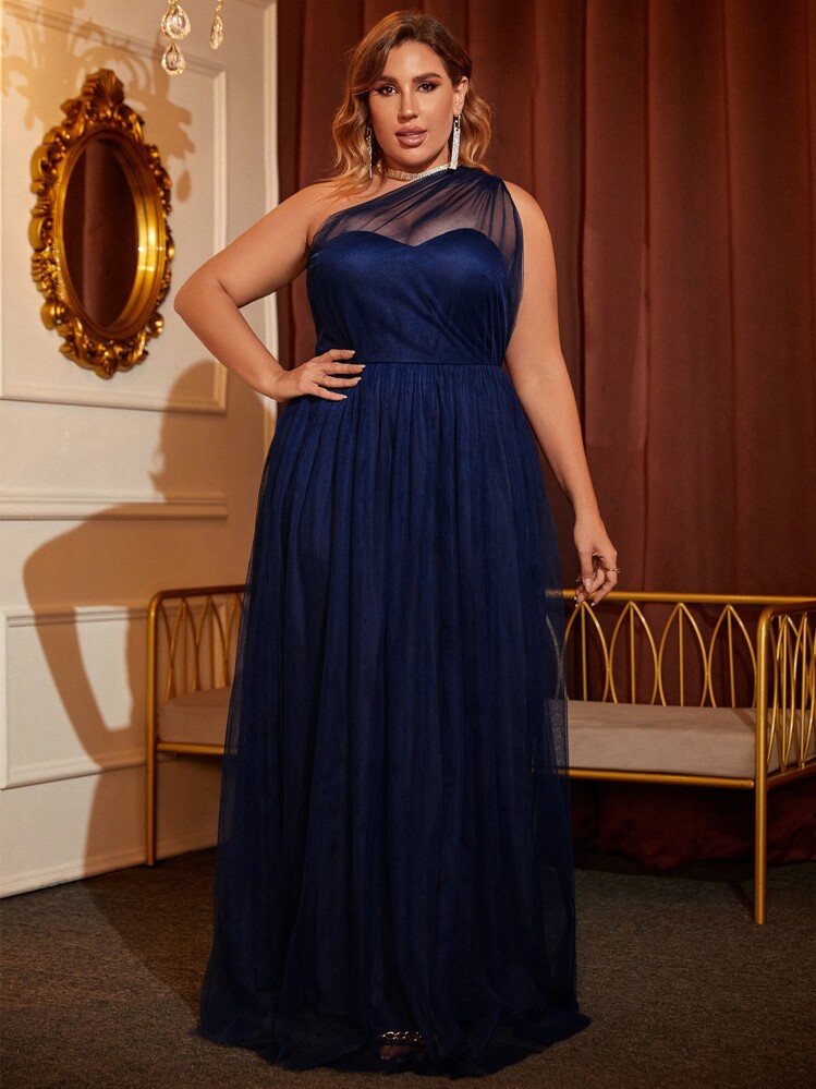 Vestido formal de un hombro con malla - Azul Marino - Añade 1