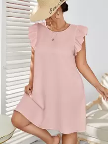 SHEIN VCAY 大碼荷葉袖直筒連衣裙 - 淺粉色 - 查看 1