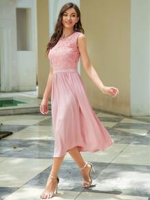 拼接水溶蕾絲網紗A字連衣裙 - 粉色 - 查看 3