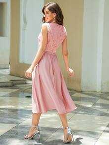 拼接水溶蕾絲網紗A字連衣裙 - 粉色 - 查看 2