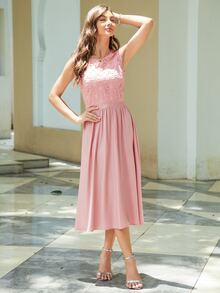 拼接水溶蕾絲網紗A字連衣裙 - 粉色 - 查看 5