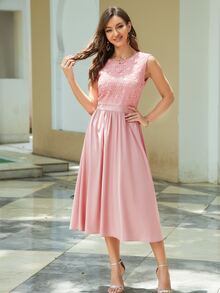 拼接水溶蕾絲網紗A字連衣裙 - 粉色 - 查看 6