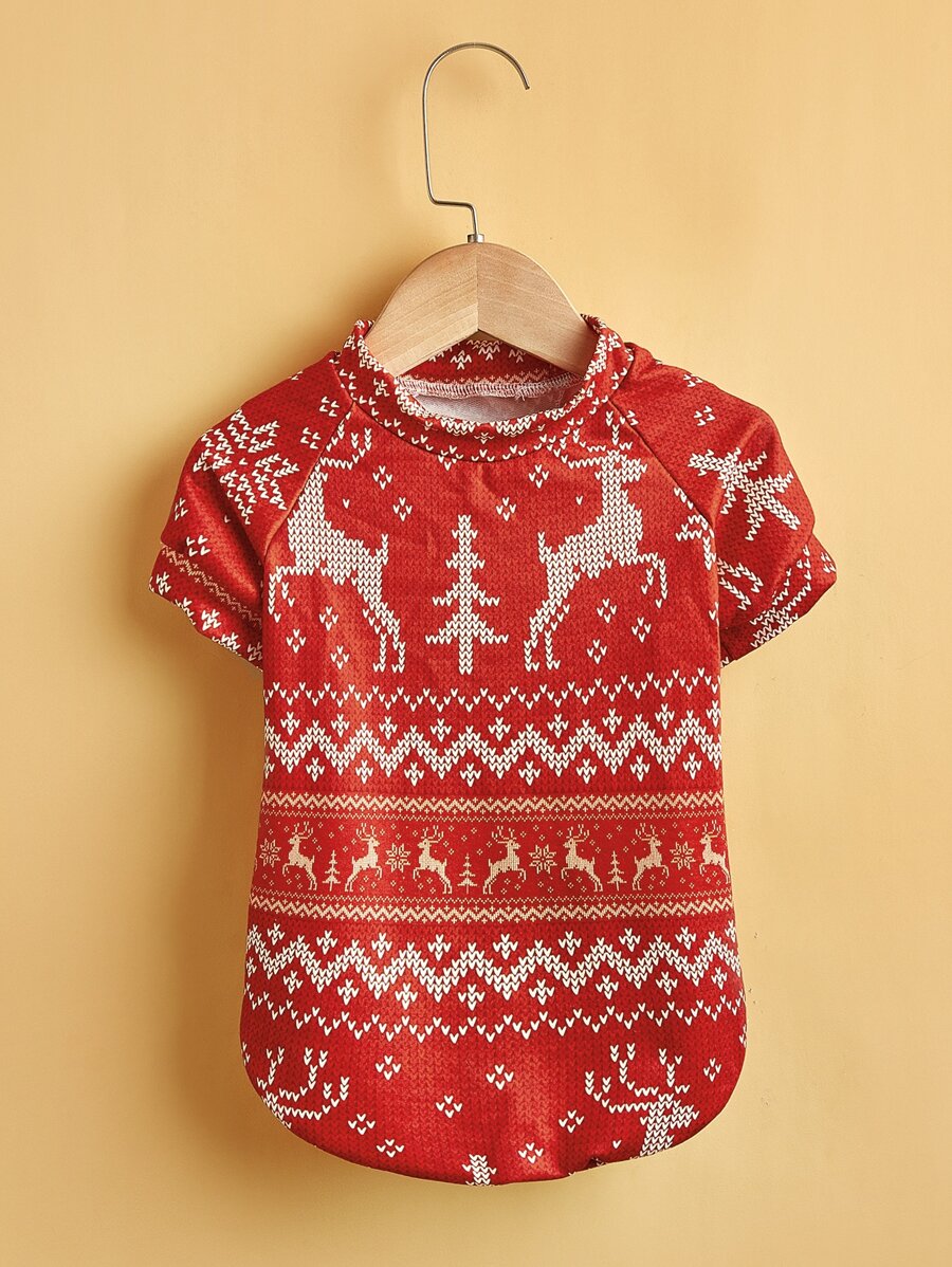 1pc Christmas Pattern Pet T-Shirt, Thin Autumn/Winter Clothes For Dogs And Cats - Red and White - View 1