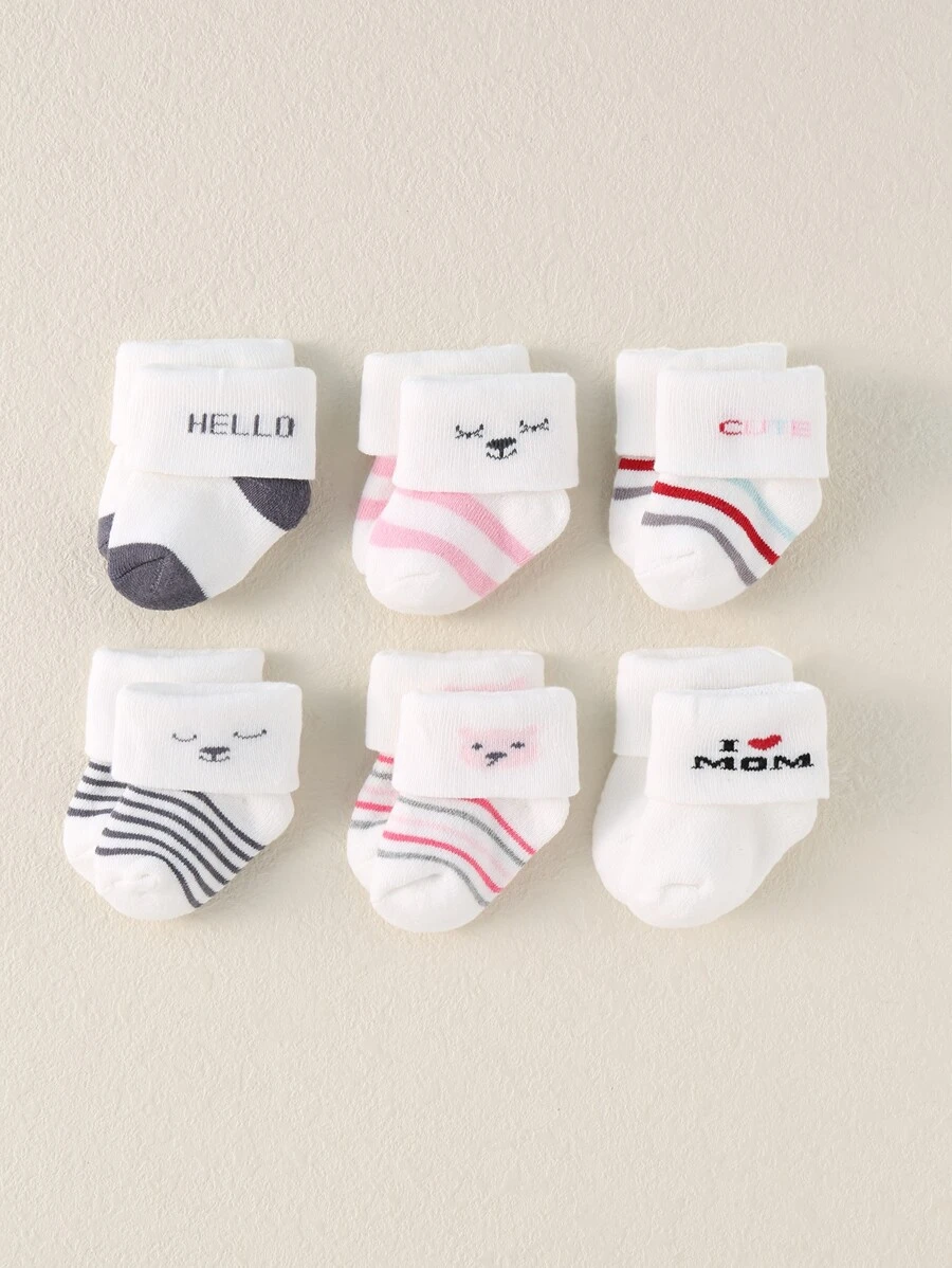 Bebé 6 pares Calcetines con estampado de dibujos animados - Blanco - Ver 1