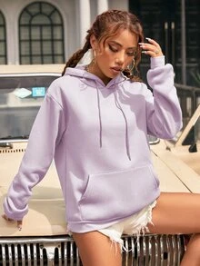 INAWLY 纯色袋鼠口袋落肩抽绳保暖连帽衫，长袖上衣 - 紫丁香色 - 查看 4