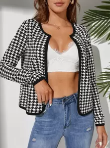 SHEIN Tall Chaqueta con ribete de contraste de pata de gallo para otoño/invierno - Blanco y Negro - Ver 4