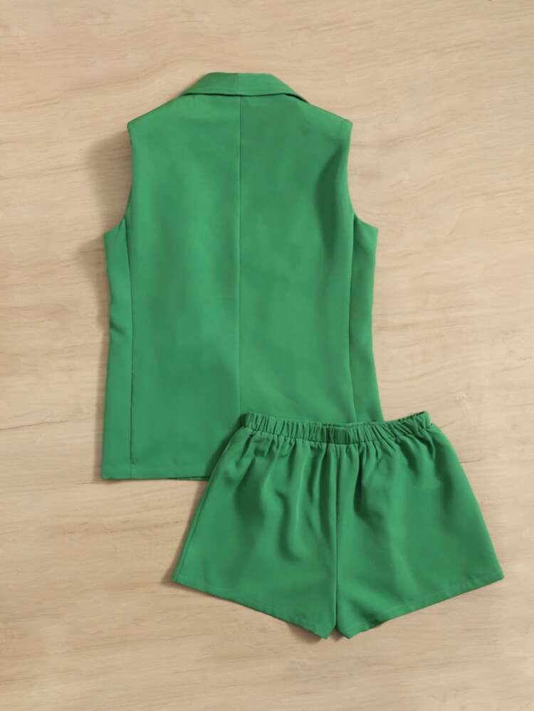 Teen Girls Lapel Collar Vest Blazer & Shorts