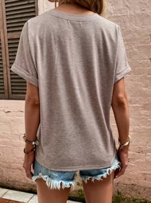 SHEIN LUNE Camiseta de media tapeta con botón de manga murciélago - Marrón Mocha - Ver 2