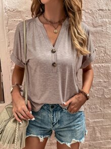 SHEIN LUNE Camiseta de media tapeta con botón de manga murciélago - Marrón Mocha - Ver 5