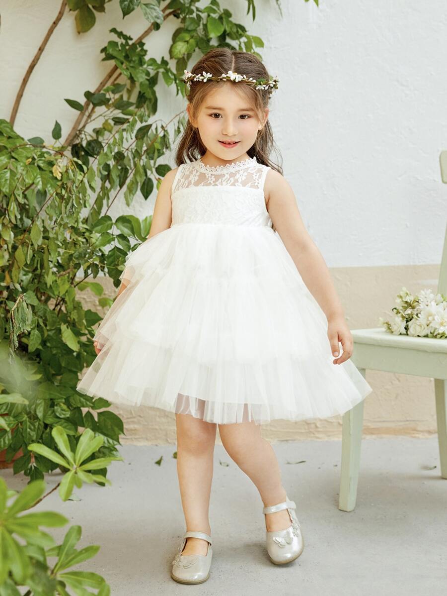 Toddler Girls Lace Insert Layered Mesh Dress - White - View 1