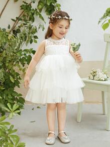 Toddler Girls Lace Insert Layered Mesh Dress - White - View 3