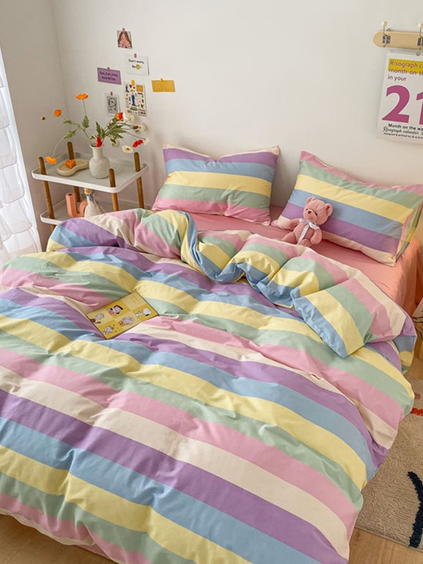 Juego de 3 piezas de ropa de cama de franela suave y acogedora con diseños de rayas arcoíris, cuadros, para niños y niñas, estudiantes, decoración de dormitorio. Incluye funda de edredón, excluye el relleno del edredón, disponible en tamaños individual, queen y king.