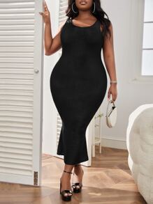 Plus Solid Bodycon Dress - Black - View 1