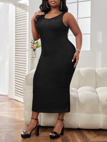 Plus Solid Bodycon Dress - Black - View 4