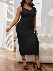 Plus Solid Bodycon Dress - Black - View 5