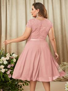 MIUSOL Vestido fiesta ribete con fruncido en contraste con encaje floral - Rosa vieja - Ver 2