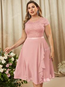 MIUSOL Plus Ruffle Trim Contrast Floral Lace Cocktail Party Swing Dress