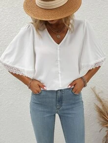 SHEIN Unity 蕾絲拼接前紐扣蝴蝶袖襯衫 - 白色 - 查看 4