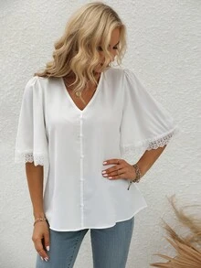SHEIN Unity 蕾絲拼接前紐扣蝴蝶袖襯衫 - 白色 - 查看 5