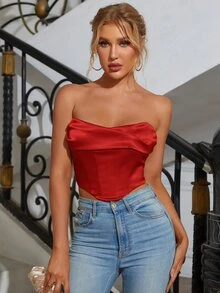 PARTHEA 緞面緊身抹胸上衣 - 紅色 - 查看 6