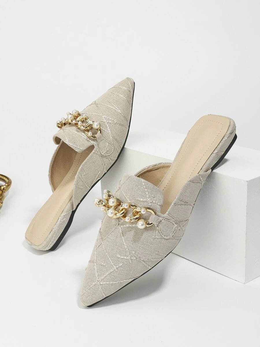 Giày bệt Nữ Chuỗi Ngọc trai màu trơn Đúng mốt - Xám - Xem 1