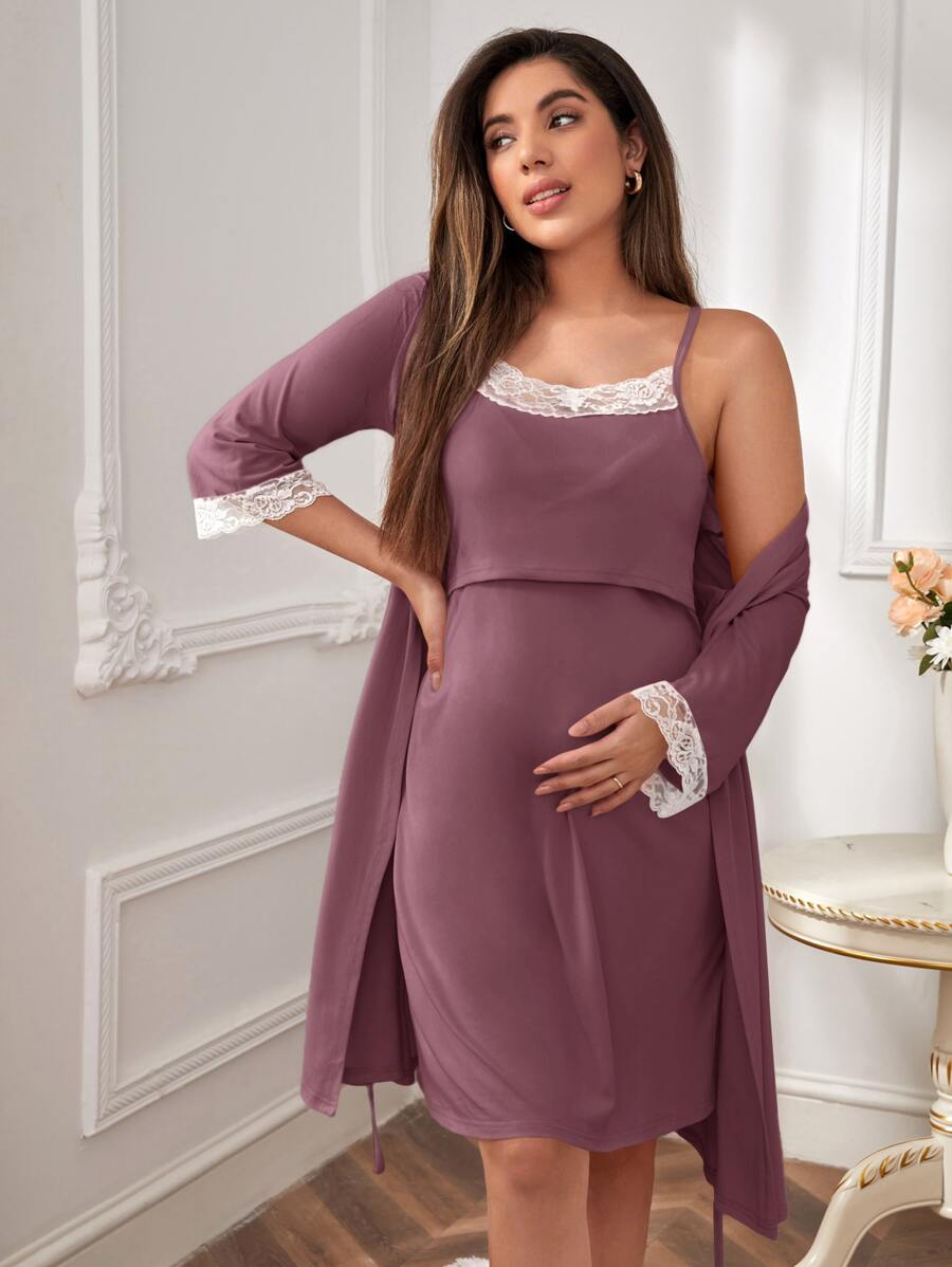 SHEIN 孕妇花卉蕾丝边睡袍及吊带裙，适合妈妈们秋冬穿着