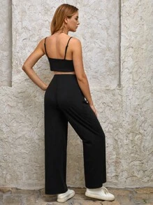 SHEIN Maternity Solid Crop Cami Top & Wide Leg Trousers - Black - View 2