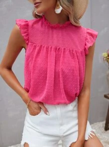 SHEIN VCAY Swiss Dot Ruffle Trim Mesh Blouse - Hot Pink - View 1