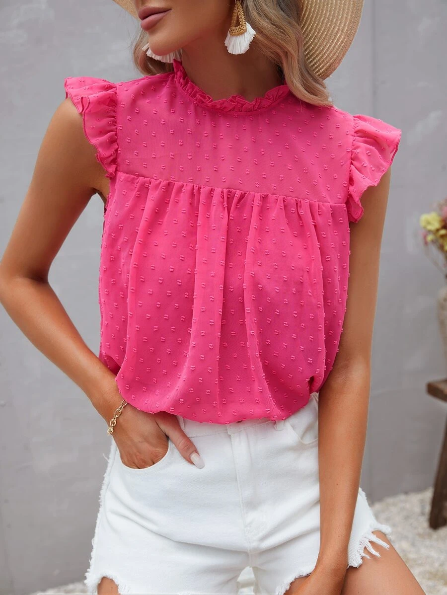 SHEIN VCAY Swiss Dot Ruffle Trim Mesh Blouse - Hot Pink - View 1