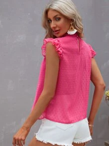 SHEIN VCAY Swiss Dot Ruffle Trim Mesh Blouse - Hot Pink - View 2