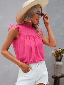 SHEIN VCAY Swiss Dot Ruffle Trim Mesh Blouse - Hot Pink - View 5