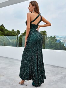 YISIKADO 單肩高衩亮片連衣裙